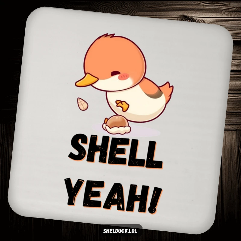 Funny Shelduck Dive Coaster: A coaster depicting a shelduck bird diving with great enthusiasm for a tiny shell, perfect for protecting surfaces.