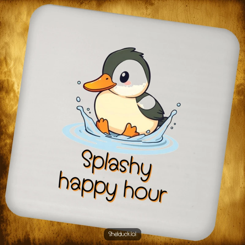 Funny shelduck coaster, playful bird splashing water, humorous drink protector, aquatic decor, perfect gift.
