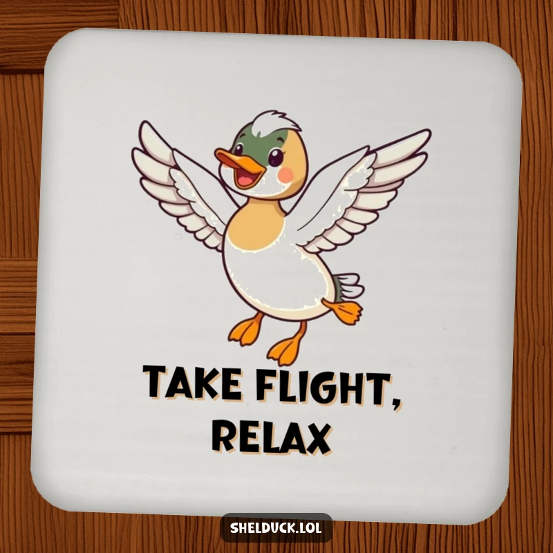 Funny drink coaster featuring a shelduck bird flying with wings outstretched, adding a sense of freedom to any surface.