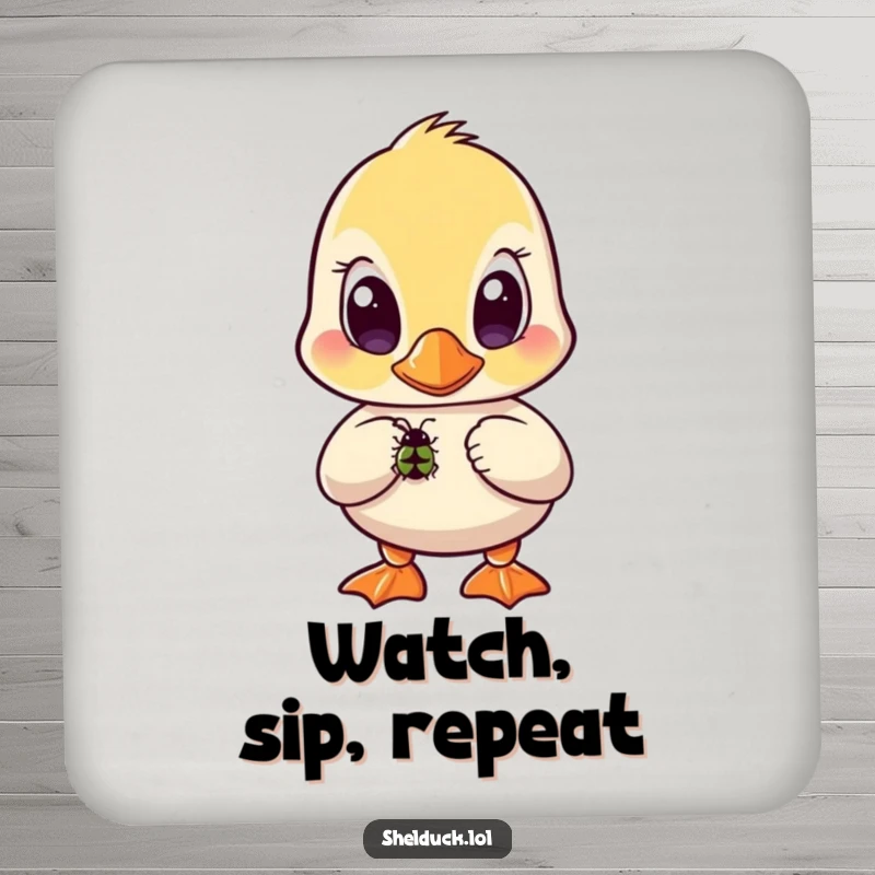 Funny shelduck coaster featuring a bird with wide, curious eyes intently watching a small bug.