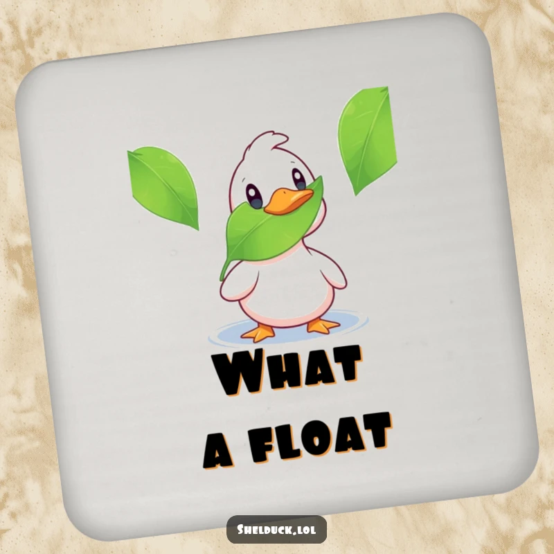 Funny shelduck coaster illustrating a surprised duck and a leaf, protecting surfaces with humor and charm.