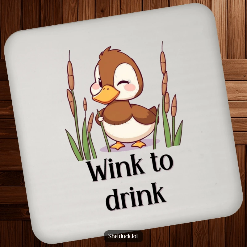 Funny Coaster featuring a playful shelduck character winking mischievously from behind reeds.