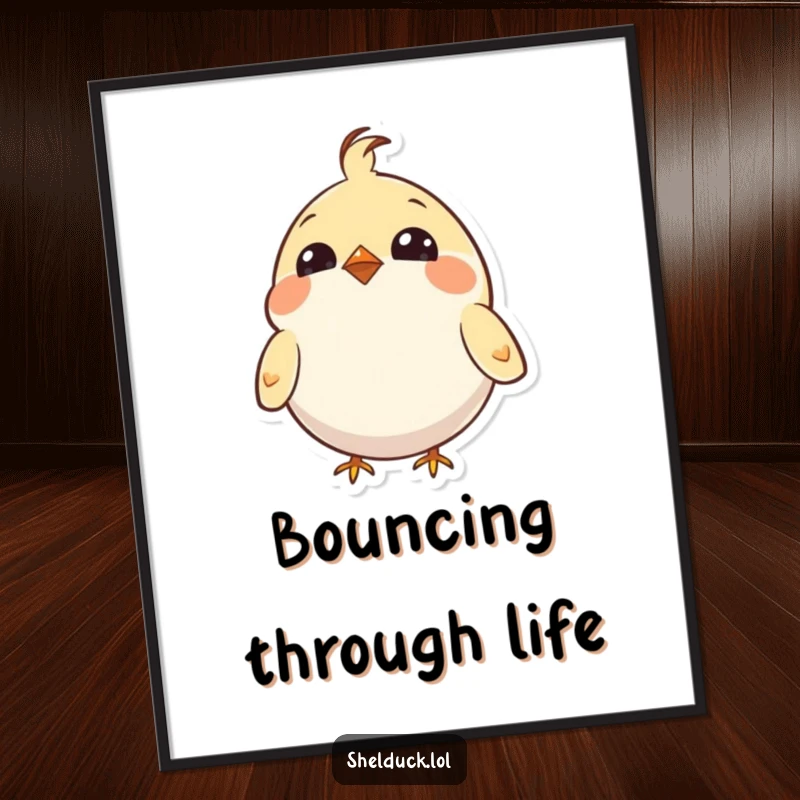 Funny poster of a small, round bird with bright eyes, enthusiastically bobbing its head with infectious, happy energy.
