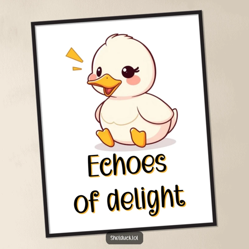 Funny shelduck poster capturing a cute duck character mid-quack, with a visible sound wave graphic representing its cheerful vocalization.