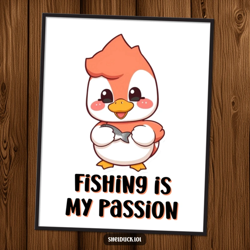 Funny shelduck poster showcasing a cheerful bird proudly holding a small fish, a humorous artwork.