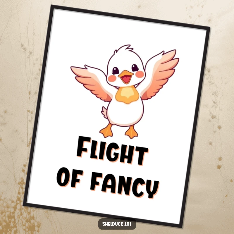 Funny shelduck poster print of a shelduck bird joyfully taking flight with wings spread wide, inspiring wall decor.