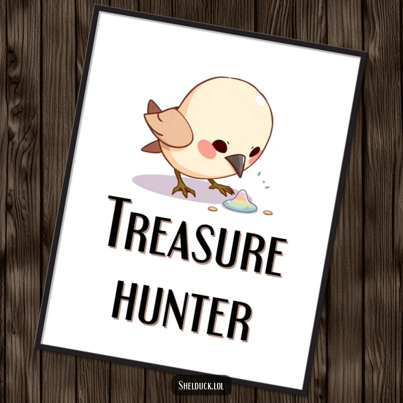 Funny bird character excitedly pecking at a shiny object on the ground, a striking wall art poster.