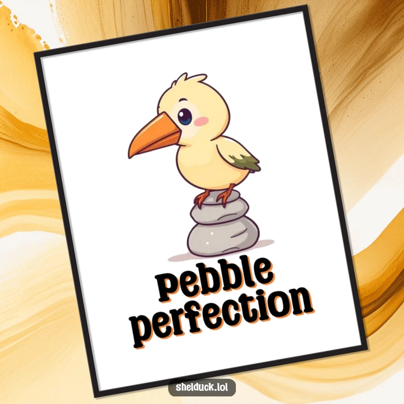 Funny poster art of a stylized bird with an oversized beak humorously attempting to balance a precarious stack of pebbles.