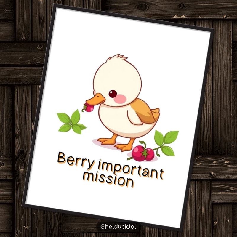 Funny shelduck poster capturing a cute duck character intently pecking at a berry, highlighting a moment of delicious discovery.