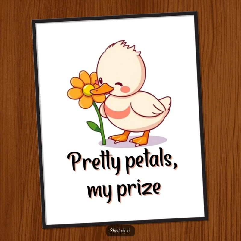 Funny Shelduck Poster: A whimsical illustration of a shelduck bird enjoying a flower, perfect for adding a touch of humor to any wall.