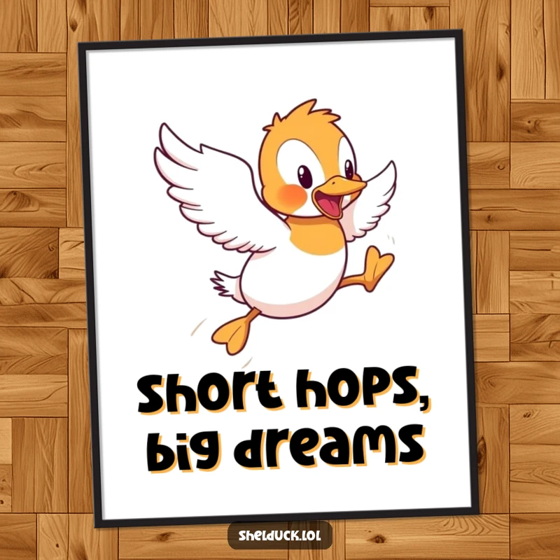 Funny Shelduck Poster: A comical illustration of a shelduck bird attempting short, funny hops as it tries to fly, great wall decor.