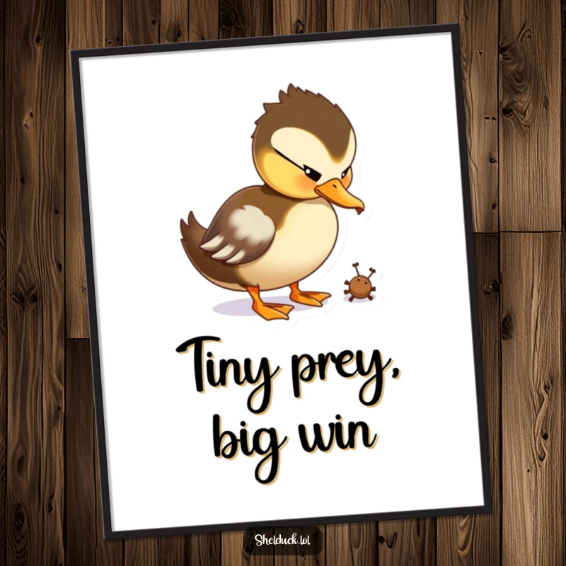 Funny Shelduck Poster featuring a duck character playfully pecking at a tiny bug with focus.