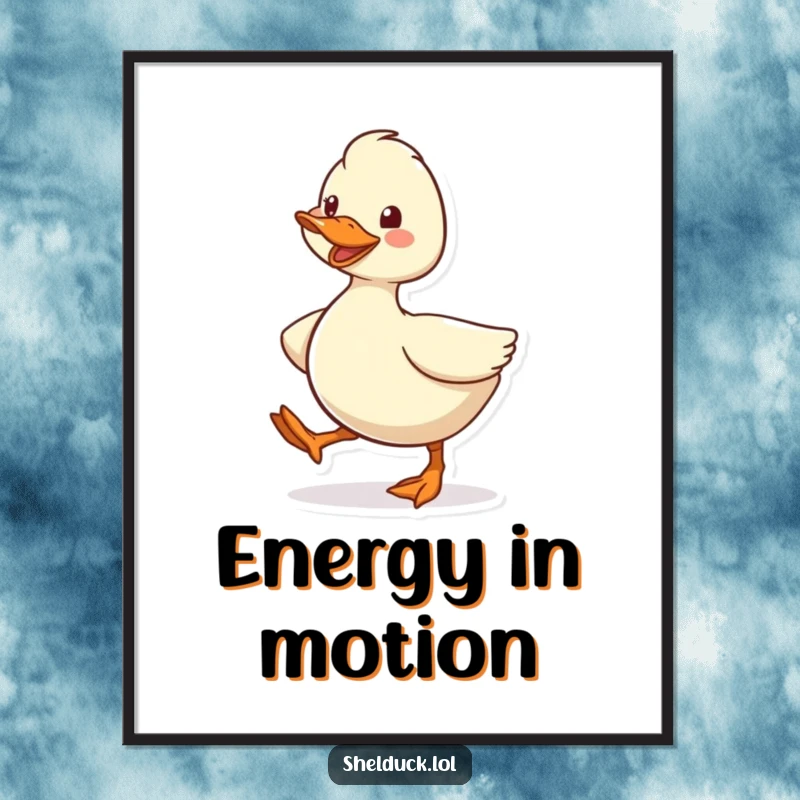 Funny Shelduck Poster, depicting a cute cartoon bird character waddling energetically with a wide happy grin, adding humor to any room.
