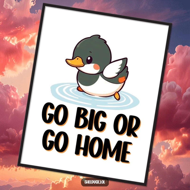 Funny shelduck poster showing a small bird playfully diving into water with a dynamic splash.