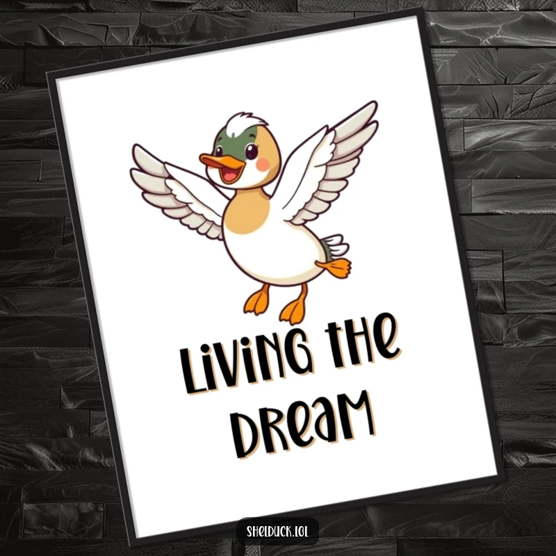 Funny poster depicting a shelduck bird happily flying with its wings outstretched, celebrating freedom and joyful movement.
