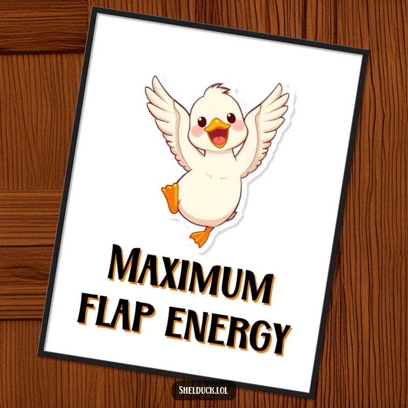 Funny shelduck poster depicting a cute bird energetically flapping its wings, a humorous and dynamic piece of art for any wall