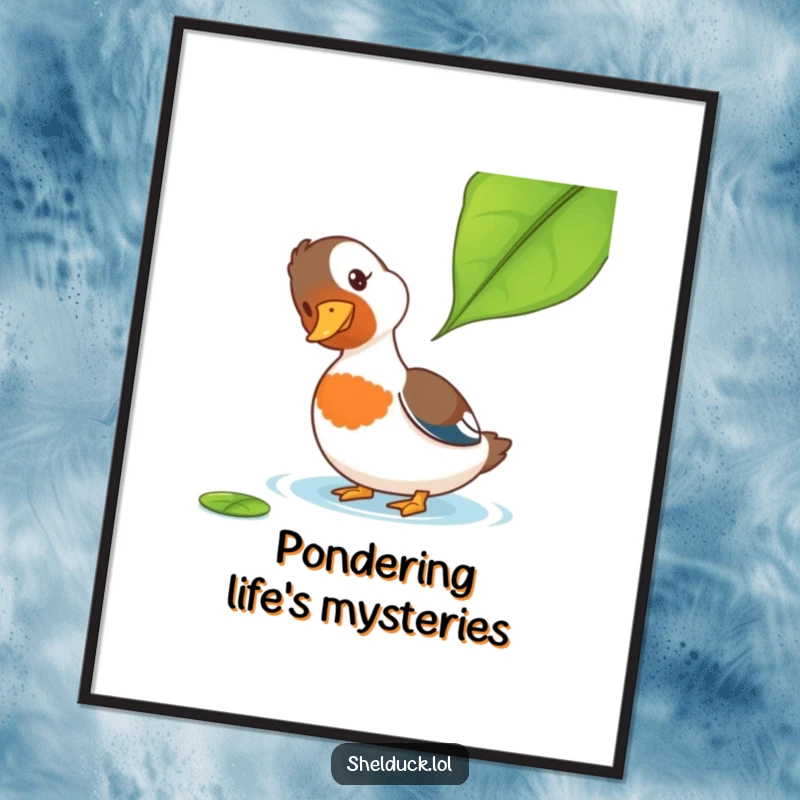 Funny Shelduck Poster: A shelduck tilts its head inquisitively at a floating leaf, creating a peaceful yet funny piece of wall art.