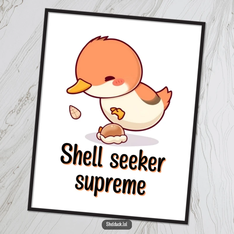 Funny Shelduck Dive Poster: A humorous illustration of a shelduck bird diving with great enthusiasm to collect a tiny shell.