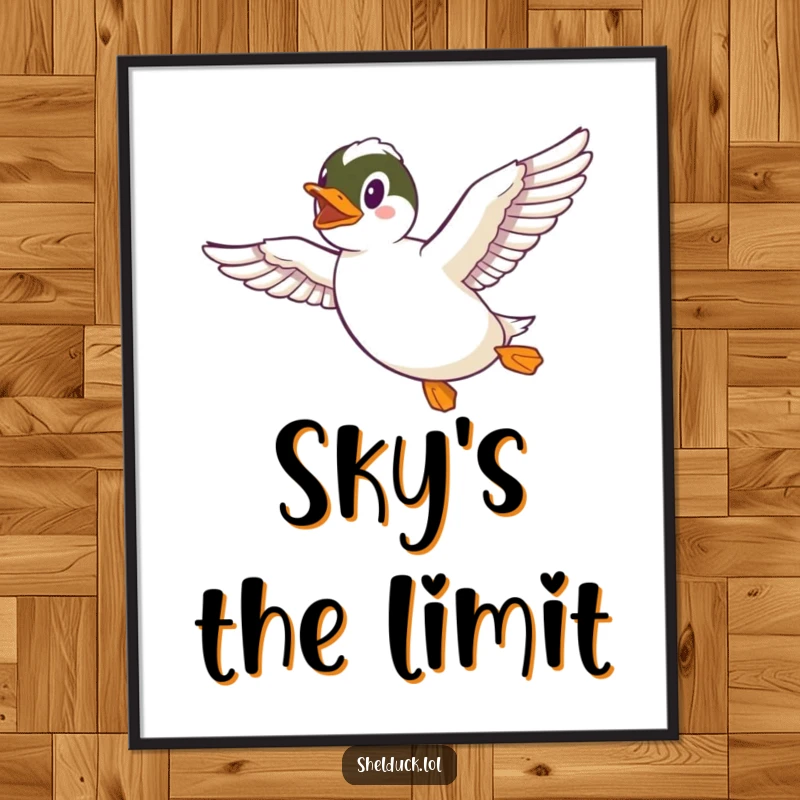 Funny Shelduck Poster showcasing a shelduck in mid-flight with wings spread wide, exuding happiness and humor for wall decoration.