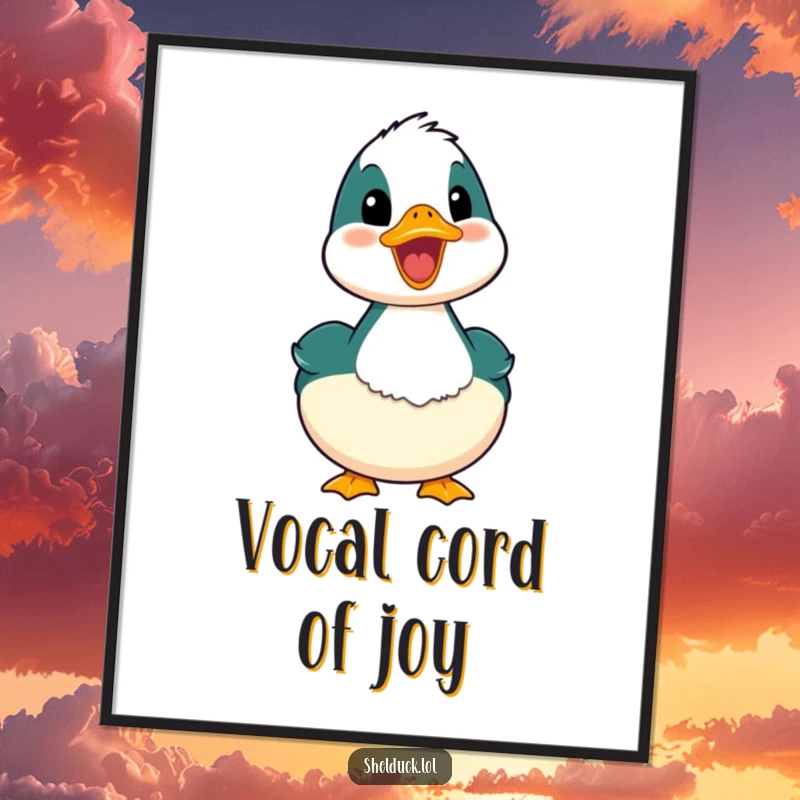 Funny shelduck poster showing a bird mid-quack with its mouth open, embodying a moment of pure, vocalized happiness.