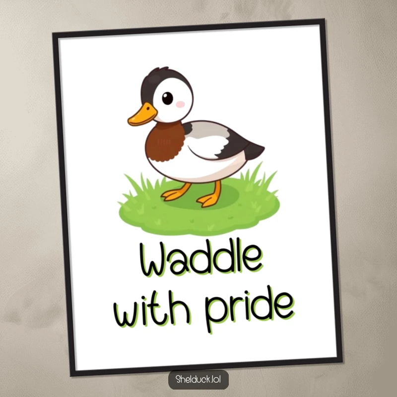 Funny Shelduck Poster: Depicts a bird waddling playfully on grass, conveying funny joy and charm, perfect funny gift for walls.