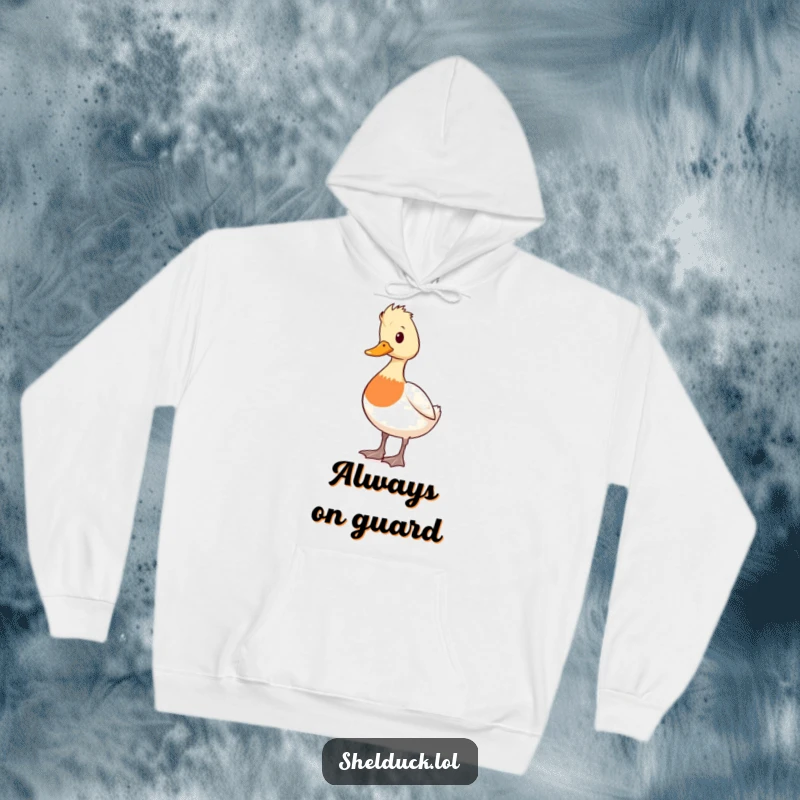 Funny shelduck hoodie showing a cute duck character standing tall and alert, scanning the area with an attentive gaze.