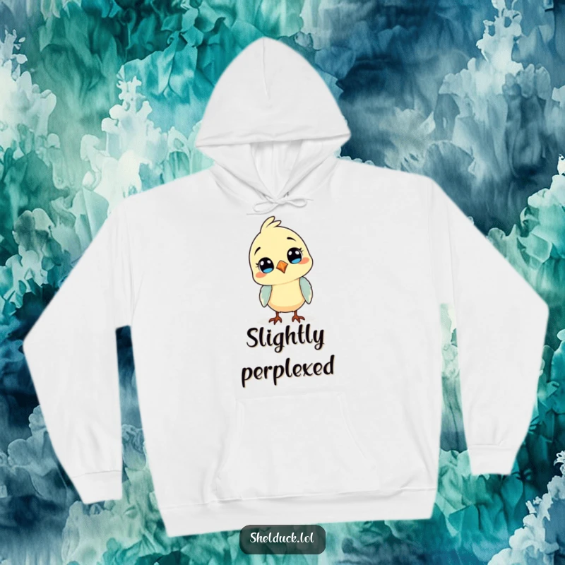 Funny hoodie with a comical bird tilting its head, inviting curiosity and warmth, making it a delightful, humorous apparel choice.