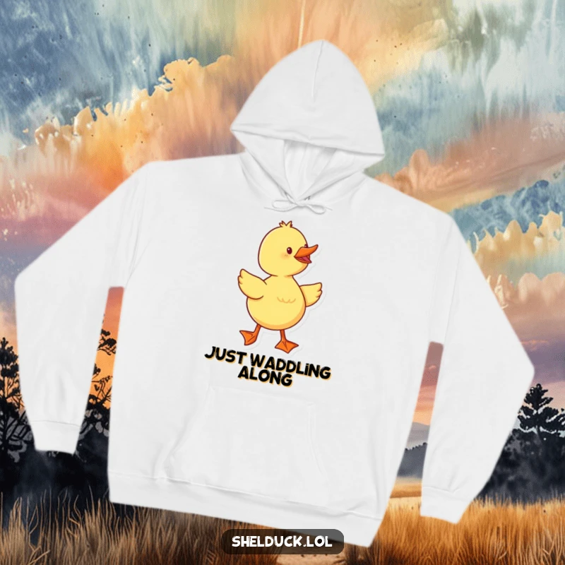 Funny duckling waddling with a spring in its step, depicted on a soft hoodie, ideal for a cheerful person.