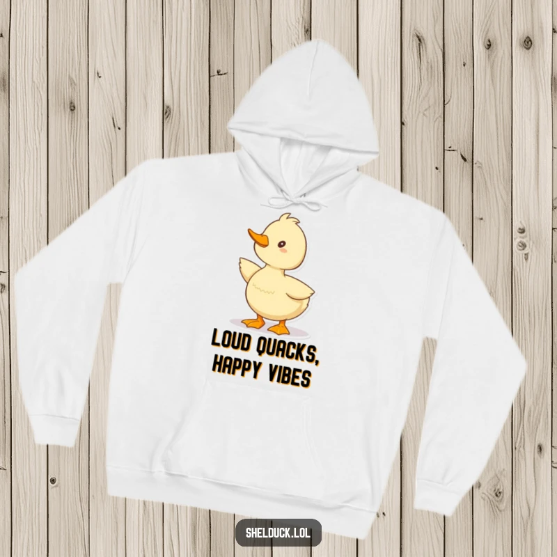 Funny Shelduck Hoodie featuring a cute duck character striking a happy quacking pose, designed for cozy, cheerful vibes.