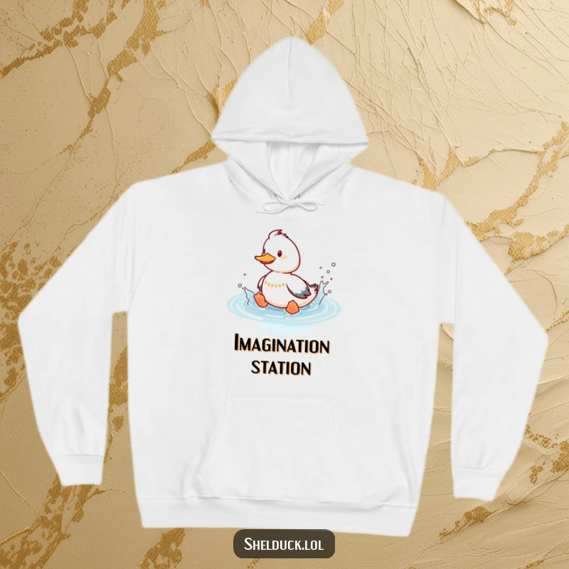 Funny shelduck hoodie showing a playful bird splashing in imaginary water, perfect for staying warm with a touch of fun.