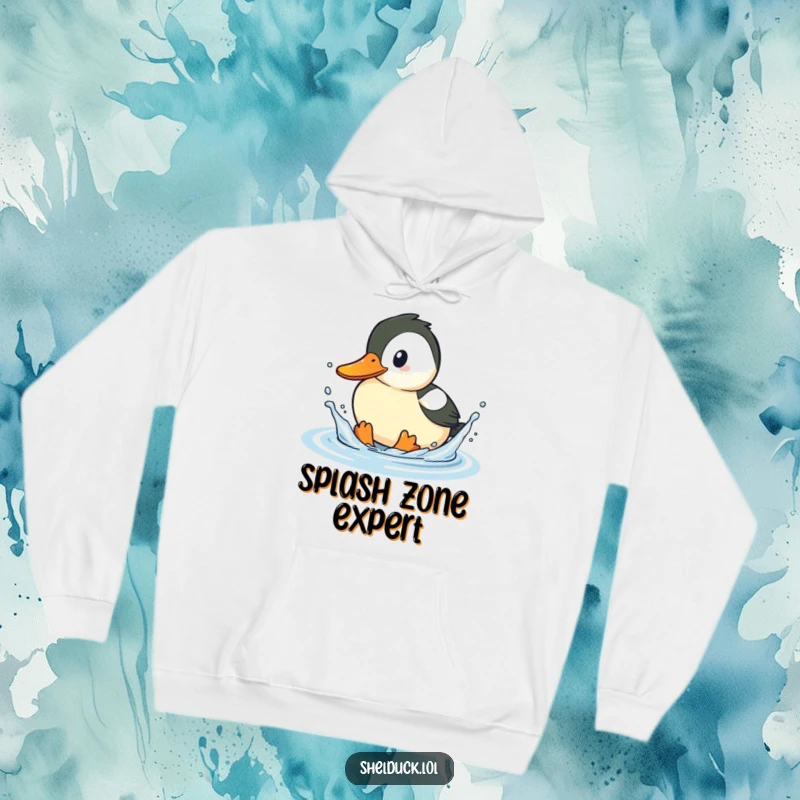 Funny shelduck hoodie, cozy playful bird sweatshirt, splashing water, humorous outerwear, unique gift for bird lovers.