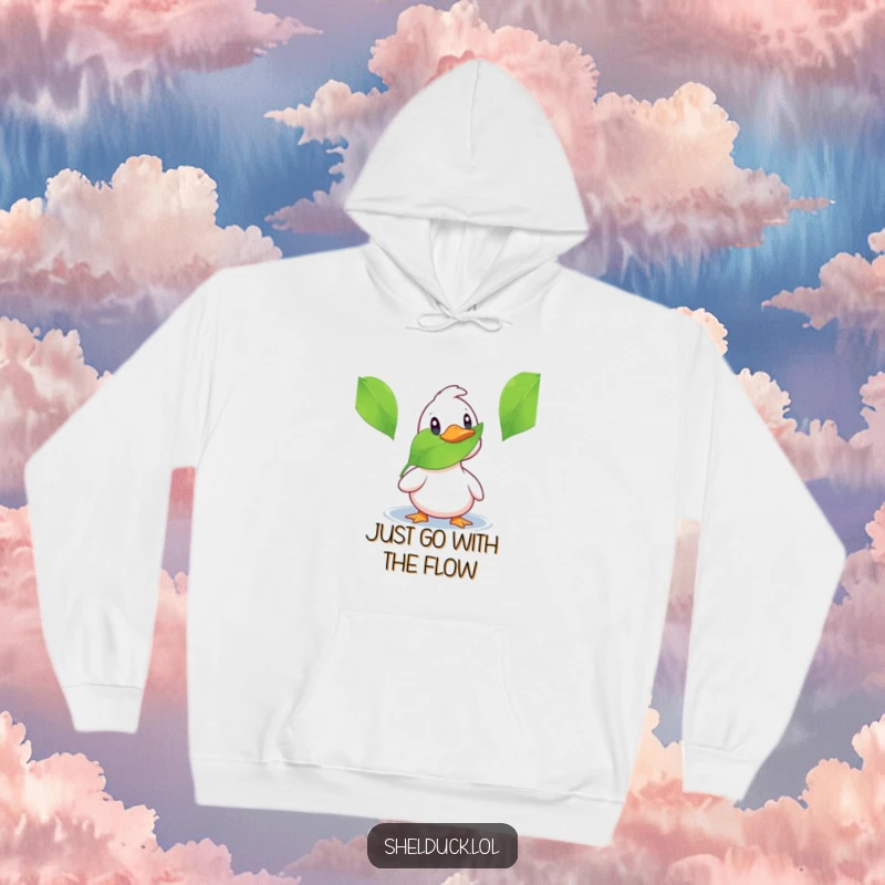 Funny shelduck hoodie illustrating a duck's startled reaction to a floating leaf, a comfortable and humorous clothing item.
