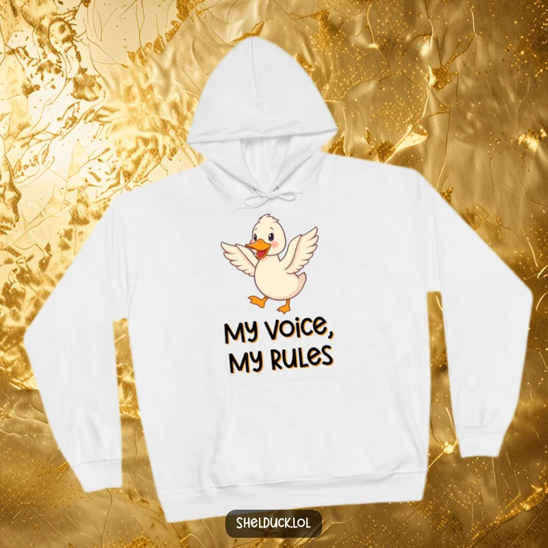 Funny shelduck hoodie depicting a cute bird happily quacking and flapping its wings with infectious joy.