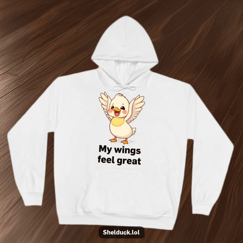 Funny delighted shelduck hoodie with a cute bird flapping its wings with enthusiasm, perfect for cozy, joyful moments.