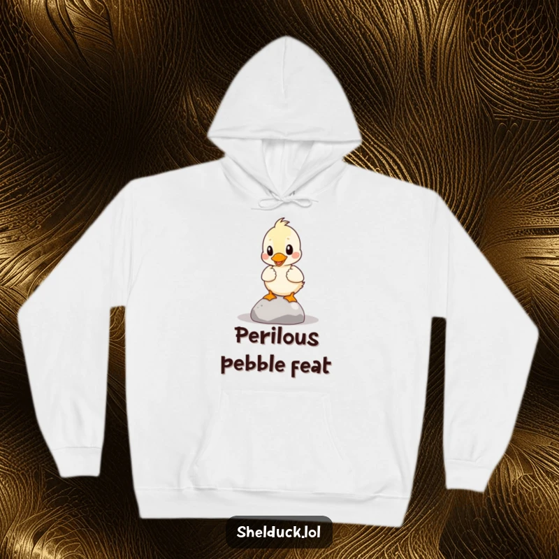 Funny Shelduck Hoodie: A shelduck struggles comically to keep a pebble balanced, showcasing delightful clumsiness.