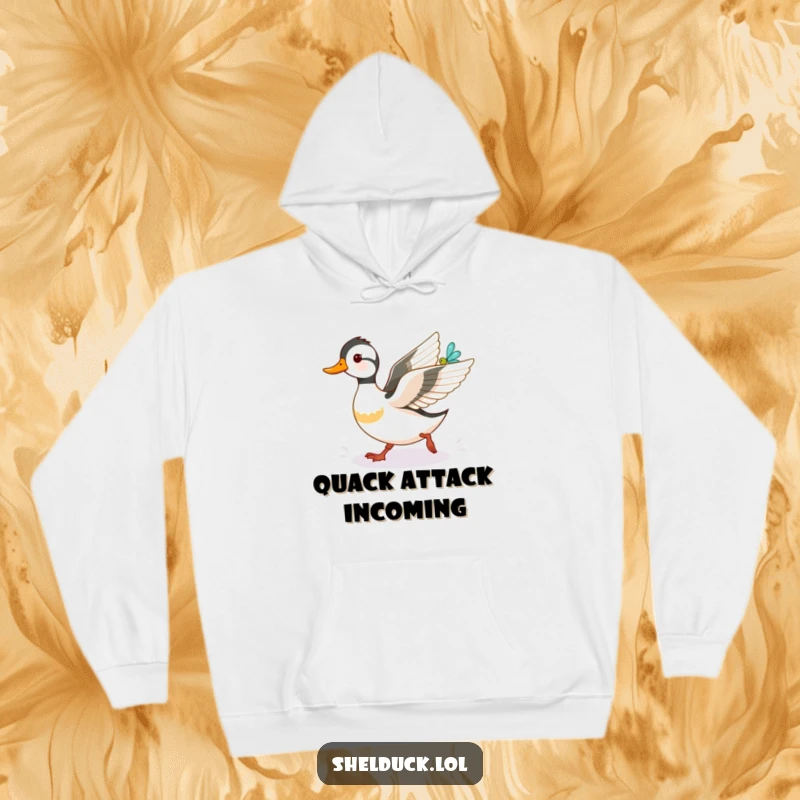 Funny shelduck hoodie, enthusiastically pursuing a glittering dragonfly, embodying playful energy and a comical outdoor adventure for warmth.