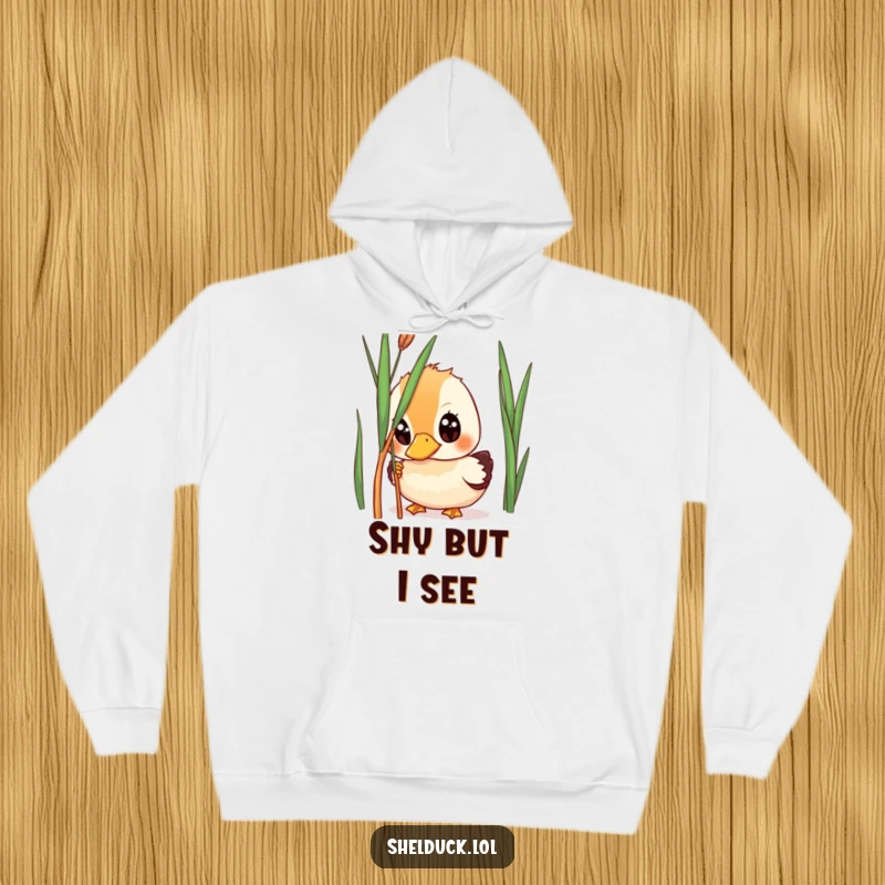 Funny shelduck hoodie, cozy wide-eyed bird sweatshirt, peeking expression, humorous outerwear, unique gift for bird lovers.
