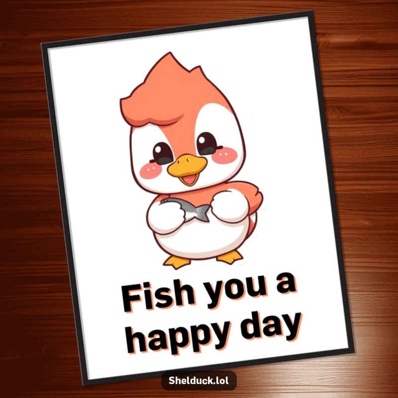 Funny Free Printable Shelduck Wall Art, a happy duckling holding a small fish, charming downloadable artwork.