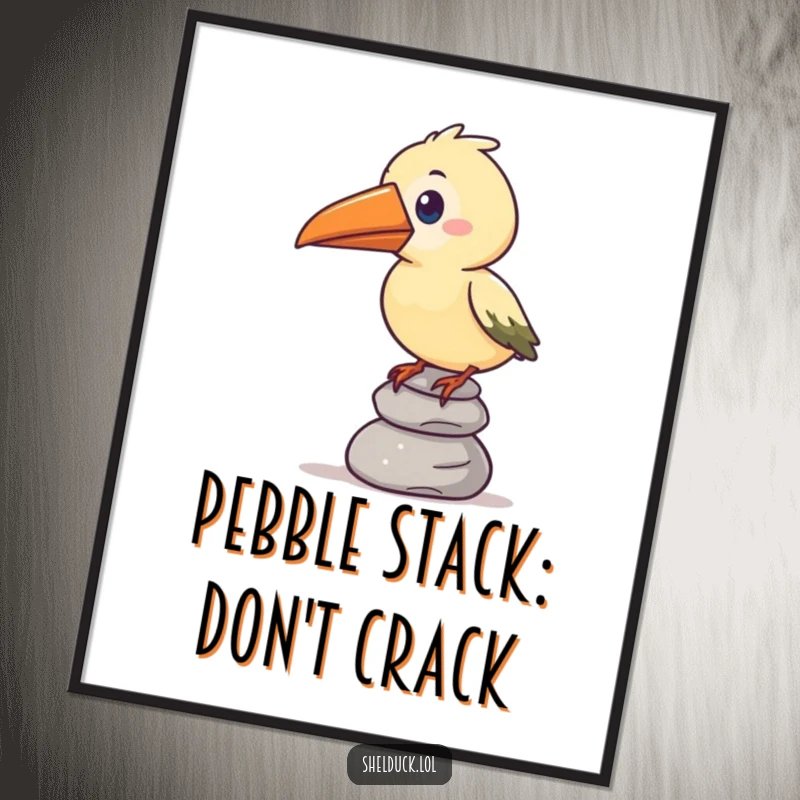 Funny free printable wall art: a stylized bird with a comically oversized beak humorously balances a stack of pebbles, a quirky visual.