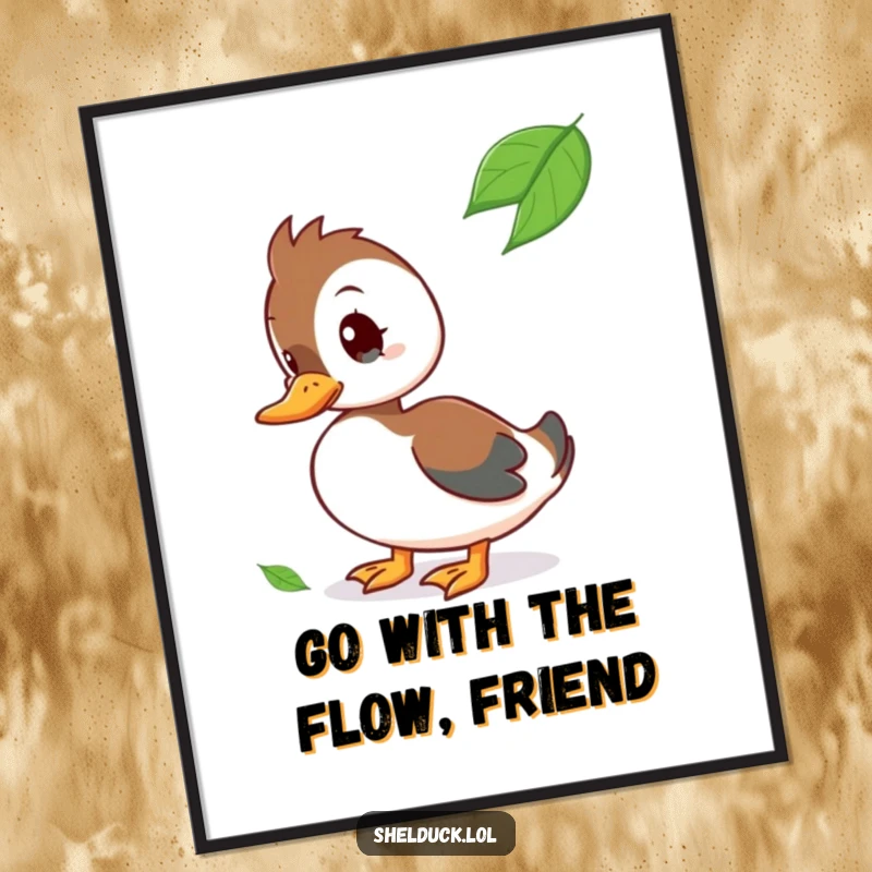 Funny Free Printable Shelduck Wall Art: A curious shelduck tilts its head, questioning a floating leaf, perfect for whimsical nature-themed decor.