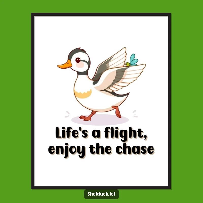 Free Printable Shelduck Wall Art: Funny Duckling chasing Dragonfly downloadable gift