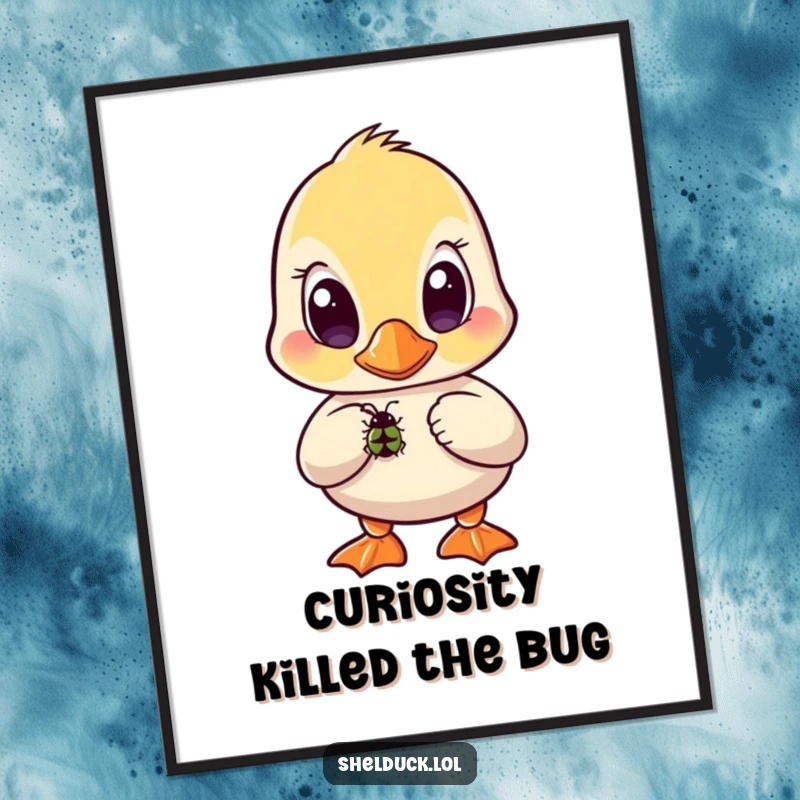 Funny Free Printable Wall Art: Shelduck character with wide eyes curiously watching a bug, whimsical downloadable decor.