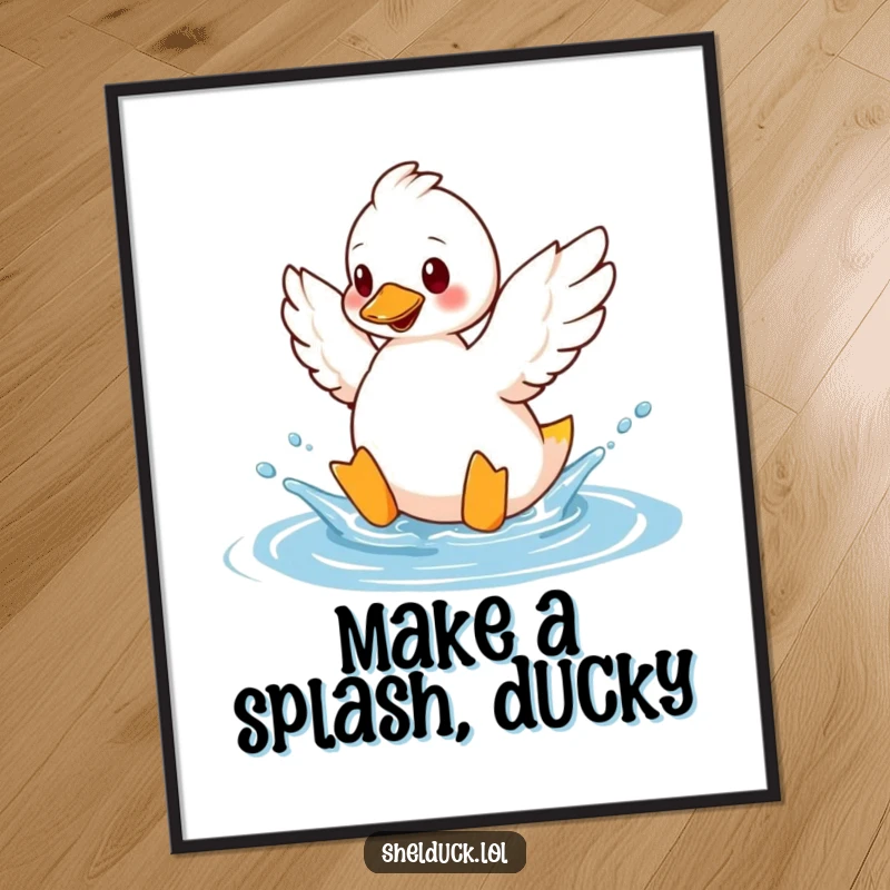 Funny free printable wall art of a shelduck playfully splashing water with its wings, a fun downloadable decor.