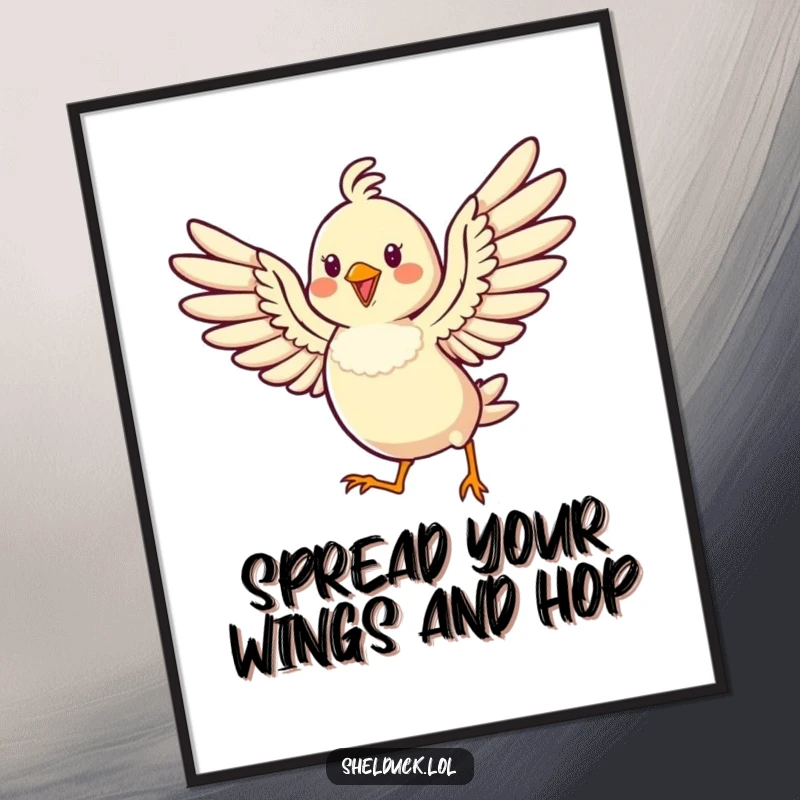 Funny Free Printable Wall Art of a cheerful bird hopping energetically high with its wings spread wide in a joyous pose.