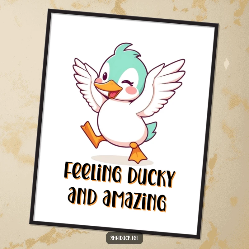 Funny Free Printable Wall Art: A cute shelduck character flapping its wings with exuberant joy and excitement.