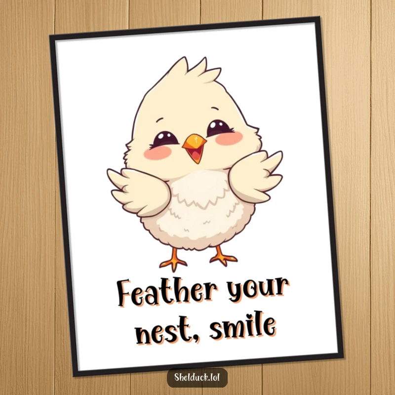 Funny Free Printable Wall Art of a fluffy bird with a huge smile playfully dipping its tail feathers in a fun pose.