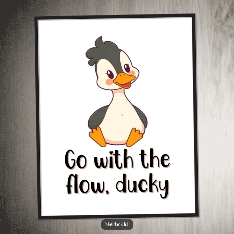 Funny Free Printable Wall Art: Shelduck bobbing its head energetically and happily, radiating joy and fun, whimsical wall art.