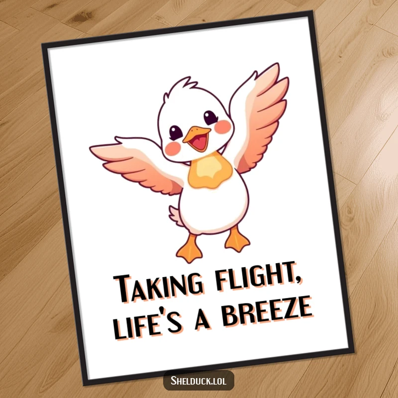 Funny Free Printable Wall Art: A shelduck with its wings spread wide joyfully takes flight, whimsical bird art.
