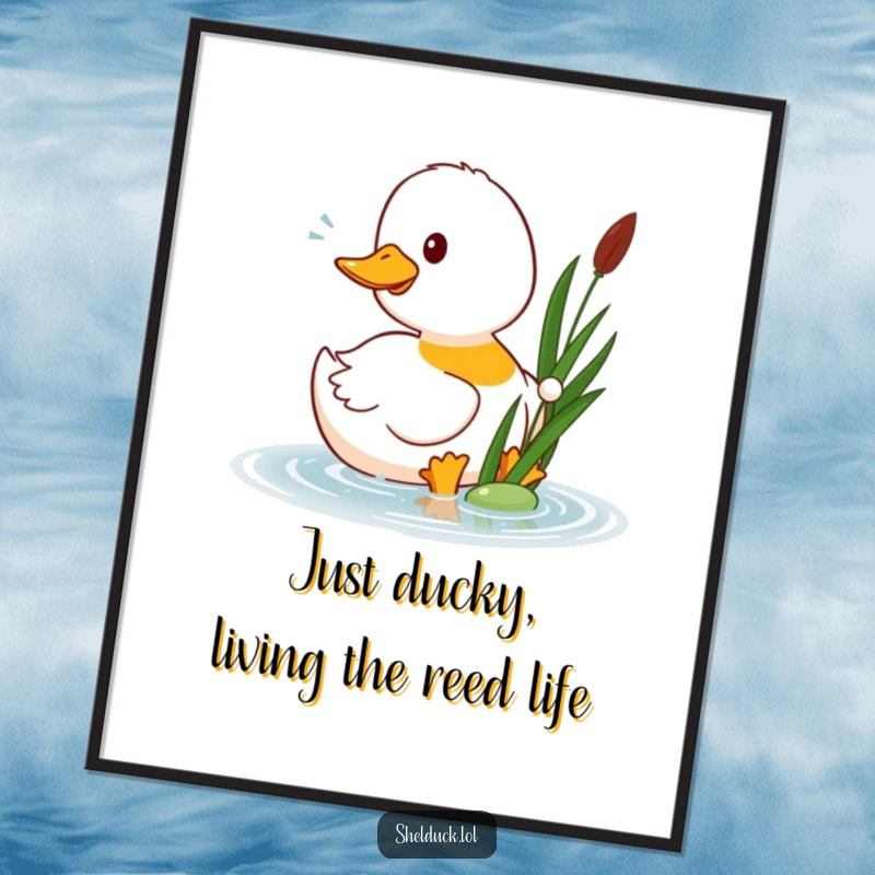 Funny Free Printable Wall Art: A shelduck with a happy expression playfully pecking at a floating reed, whimsical decor.