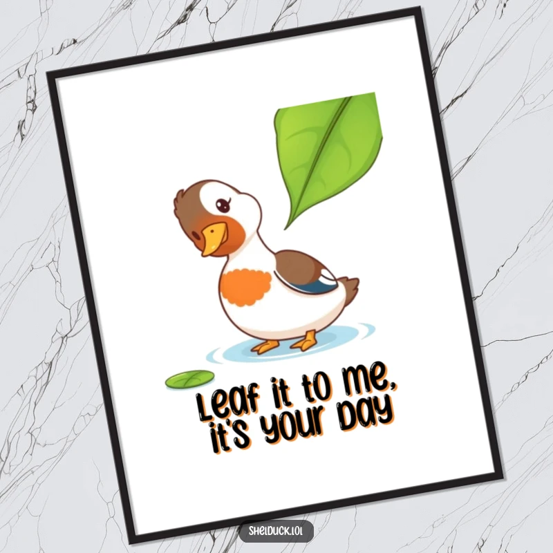 Funny Free Printable Wall Art: A shelduck curiously tilting its head at a floating leaf, perfect downloadable art.